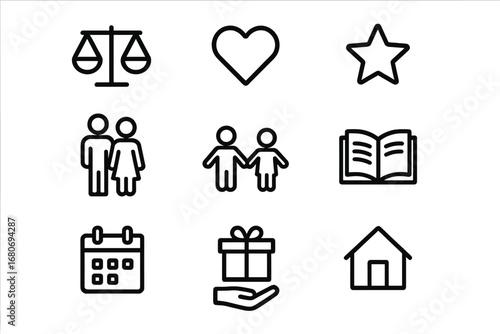 Sibling Balance Icons. Outline icon set of balancing attention between siblings: scale, heart, star, parents,