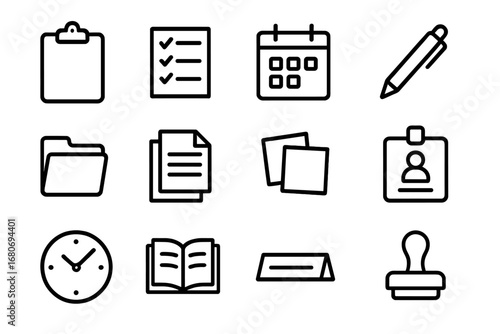 Parent-Teacher Prep Icons. Outline icon set of parent-teacher meeting prep: clipboard, checklist, calendar,