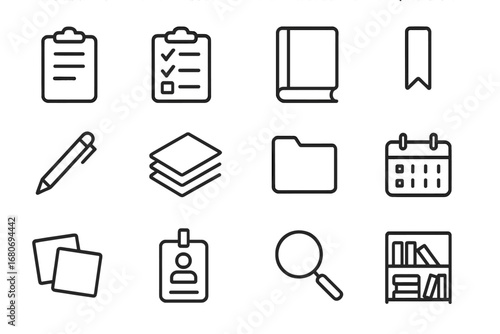 Library Inventory Icons. Outline icon set of library book inventory: clipboard, checklist, book, bookmark, pen