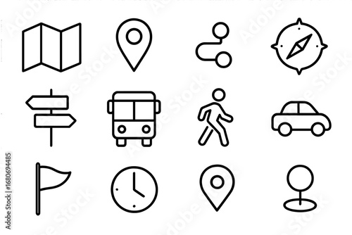 Map Route Icon Set. Outline icon set of map route with stops: folded map, location pin, route line, stop