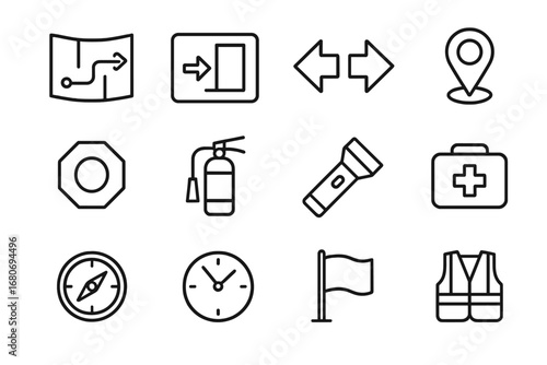 Emergency Evacuation Icons. Outline icon set of emergency evacuation route: map, exit sign, arrows, location