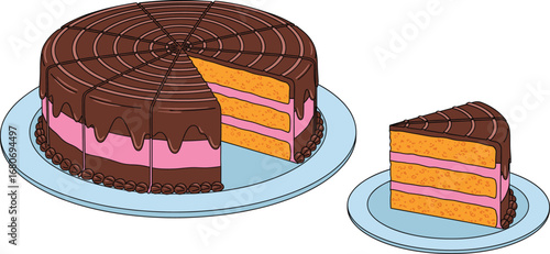 Chocolate layer cake with pink filling and one slice on plate, cartoon dessert illustration, bakery food vector for sweets design