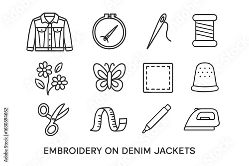 Embroidery Essentials Icons. Outline icon set of embroidery on denim jackets: denim jacket, embroidery hoop,