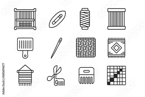 Weaving Tools Icons. Outline icon set of weaving: loom frame, shuttle, yarn spool, heddle, reed, tapestry