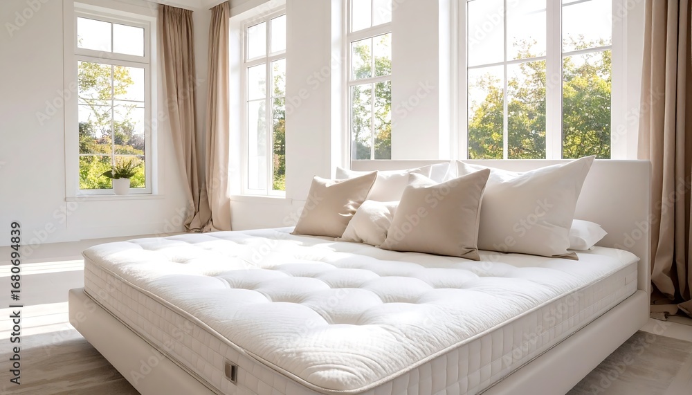 Fototapeta premium A spacious bedroom with a large, white mattress and beige bedding, bathed in natural light, showcases a tranquil atmosphere.