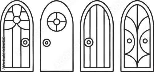 Collection of fairy tale doors, showcasing various designs, styles, and architectural elements for fantasy home entrances