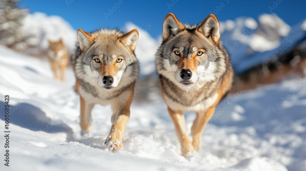 Fototapeta premium Two Gray Wolves in the snow in captivity