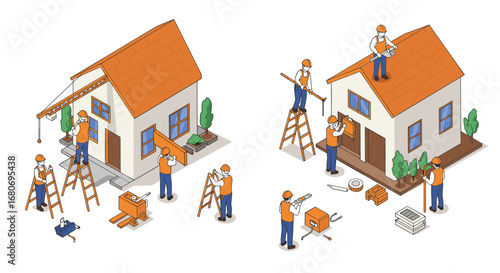 Isometric home renovation scene with workers and construction elements