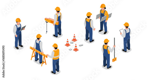 Isometric construction workers with tools and equipment on site
