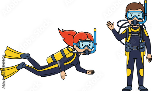 Two Kids in Scuba Diving Gear, Underwater Exploration Illustration, Snorkeling Equipment, Adventure Sports for Children, Fun Ocean Activity Drawing