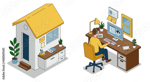 Modern isometric home office setup with remote work scene