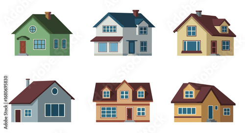 Charming suburban houses in flat style with diverse colors and roof designs