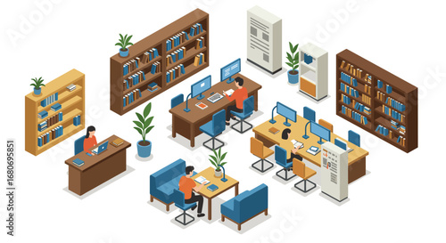 Isometric library interior with reading area and bookshelves in modern workspace