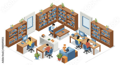 Modern office workspace with bookshelves and collaborative seating in isometric style