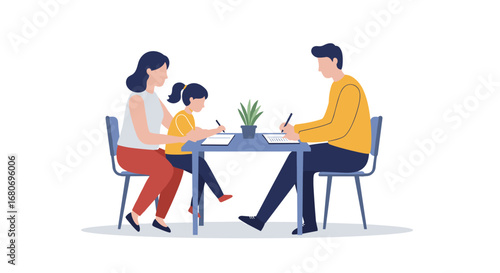 Family bonding at home: parents and child engaging in creative activity together
