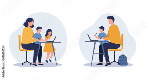 Remote work and learning at home with family in flat design