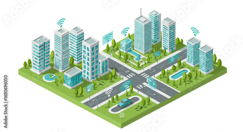 Smart city isometric design with modern buildings and wireless connectivity