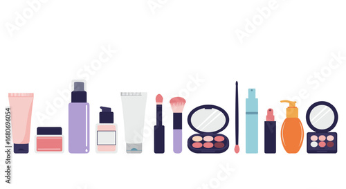 Cosmetic collection featuring flat style makeup products on white background