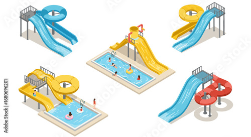 Isometric water park with colorful water slides and swimming pool in summer fun design