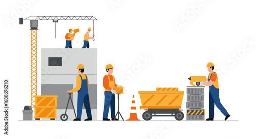 Construction workers on site with equipment and machinery in flat design