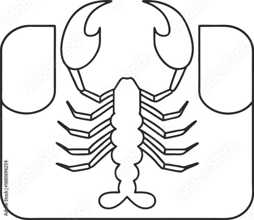 Scorpion outline illustration, featuring a detailed sketch of the arachnid with its distinctive claws and tail
