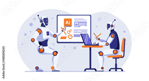 Collaborative ai robots analyzing data on digital board in modern workspace