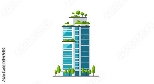 Modern eco-friendly high-rise urban building with green rooftop and trees