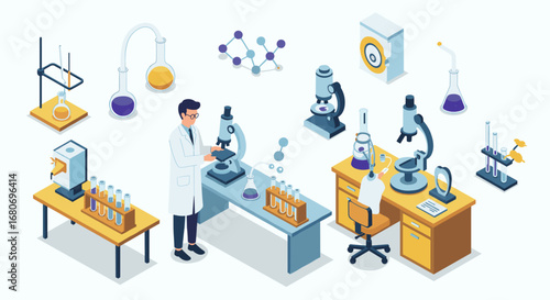 Laboratory scientist with equipment in modern isometric design