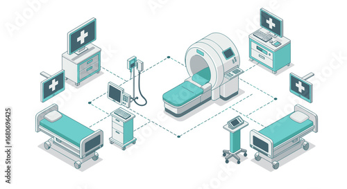 Modern isometric medical equipment layout featuring mri and hospital beds