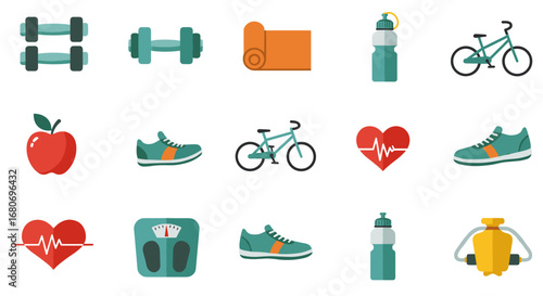 Fitness and health equipment icons: dumbbells, bicycle, sneakers, heartbeat symbols