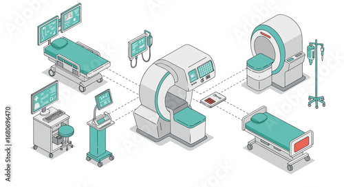Isometric hospital technology: mri, ct scan, medical equipment, and monitoring systems
