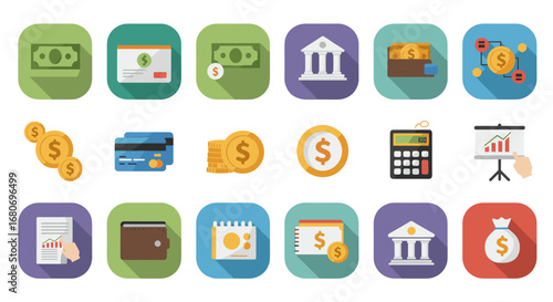 Flat style financial icons set featuring currency, banking, and investment elements