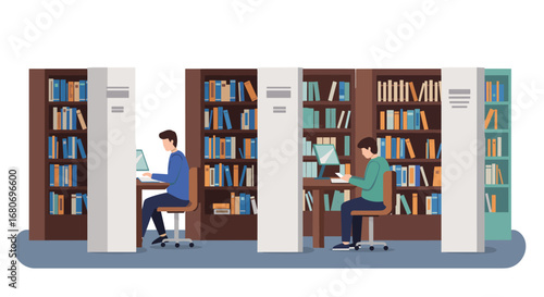 Students studying at library desks in a flat style illustration