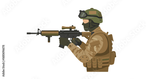 Modern soldier in tactical gear aiming rifle in profile view on white background