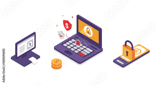 Isometric digital security concept with laptop, smartphone, and coins