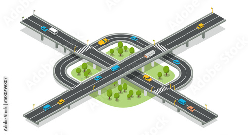 Modern isometric highway with cars and trees on overpass intersection