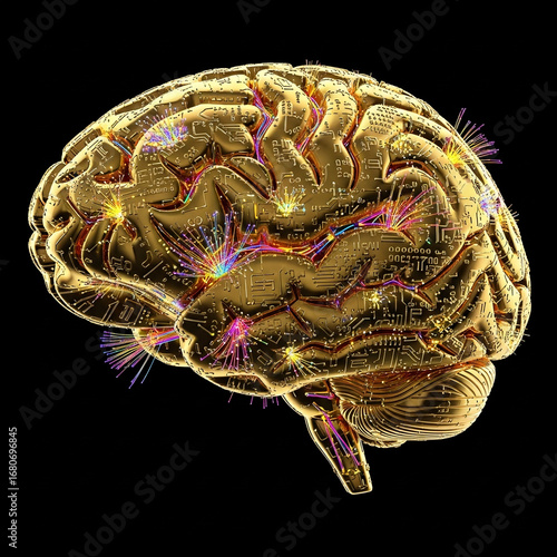 anatomically correct brain model in pure gold, integrated circuit board texture, quantum computing elements, synapses as fiber optic cables, matte black void background, scientific . Generative AI.