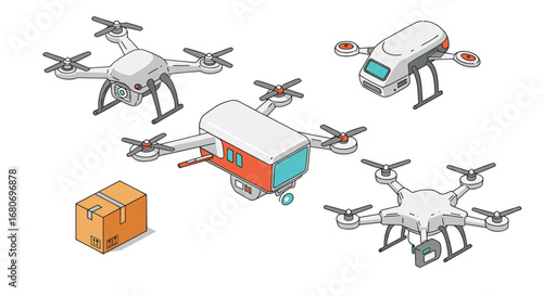 Futuristic delivery drones with package in modern isometric design