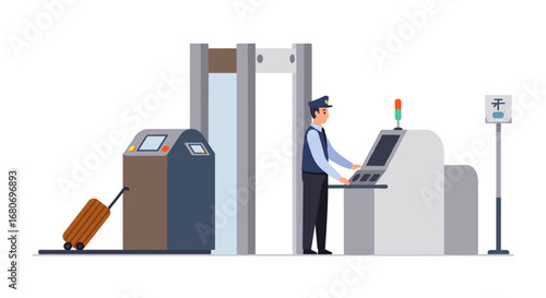 Airport security checkpoint with guard operating scanner and luggage conveyor belt