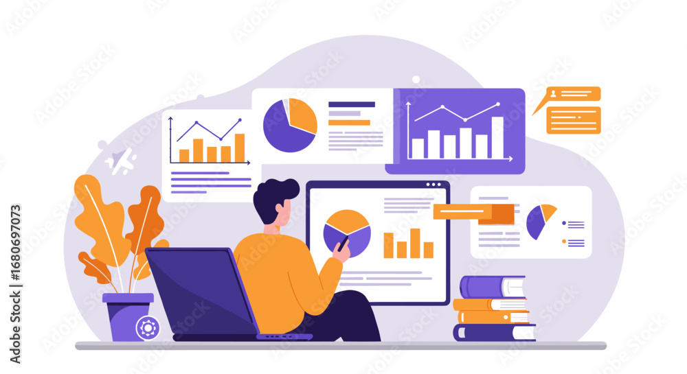 Obraz premium Business data analysis concept with graphs and charts in flat style