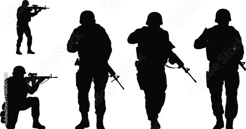 Black and white silhouette of armed soldiers standing on hill, military team with rifles, army patrol vector illustration background