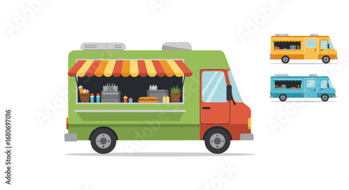 Colorful food truck design in flat style with different variants and equipment