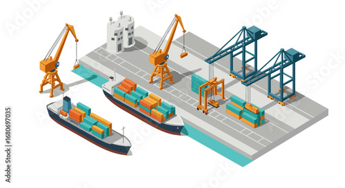 Isometric cargo port with shipping containers and cranes on dock