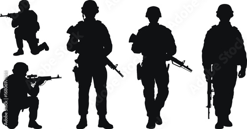 Black and white silhouette of armed soldiers standing on hill, military team with rifles, army patrol vector illustration background