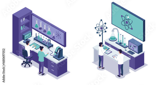 Isometric science lab scene with researchers and equipment in pastel tones