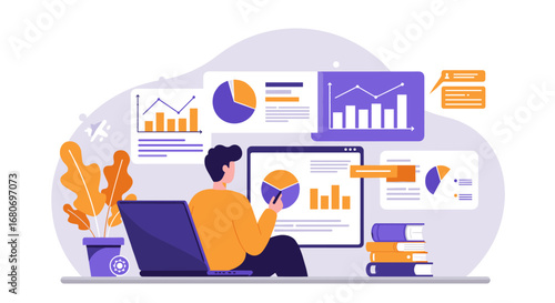 Business data analysis concept with graphs and charts in flat style