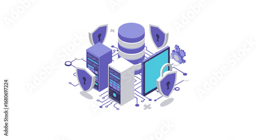 Isometric cybersecurity concept with servers and shields in digital network