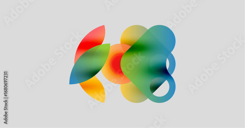 Abstract colorful shapes overlap, creating vibrant visual effect. Soft gradients blend hues, forming fluid composition.