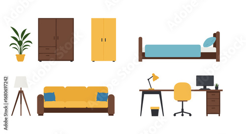 Modern flat style interior design elements with furniture and decor