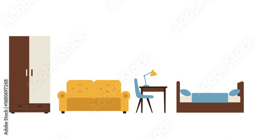 Modern minimalistic room furniture set with sofa, desk, and bed in flat design